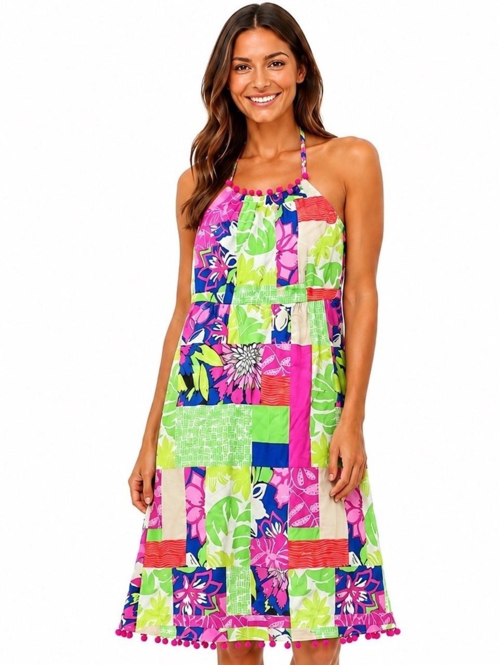 NWT Lilly Pulitzer Multicolor Patchwork Pom Pom Trim Halter Sundress Womens Sz 8